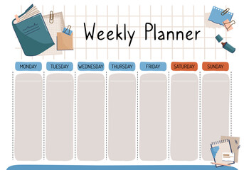A weekly diary for a student. Weekly, wish list, to-do list in cartoon flat style with a book. A set of digital prints.