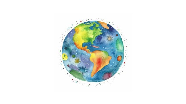 Earth Globe Watercolor or Crayon Drawing Stopmotion. Cartoon animation. Kids Hand Drawn Doodle Animation of Earth. Earth day concept. Travel concept. Copy space. Seamless loop.