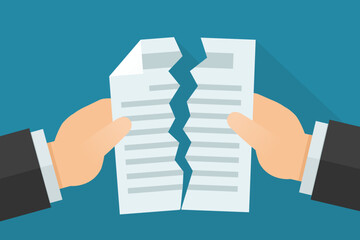 Two hands tearing a document representing a breach of contract (flat design)
