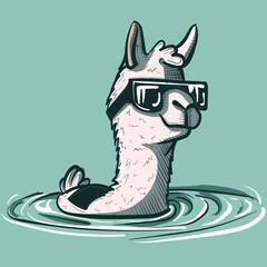 Digital art of a swimming llama with wet wool and sunglasses on a pool. Cool alpaca sitting in water splashes. © Dana