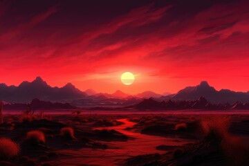 Fototapeta na wymiar crimson sunset over barren desert landscape, created with generative ai