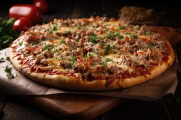 pizza with slices of juicy, flavorful meat for a savory and filling meal, created with generative ai
