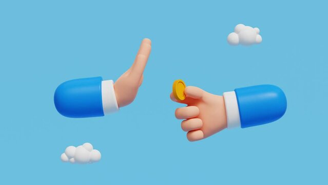 3D hand offers money, other hand shows a gesture of refusal. Stop corruption, anti bribery concept. Businessman hand giving golden coin as bribe. 4K 3D loop animation