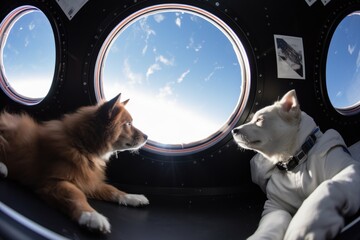 feline and canine astronauts floating in zero-gravity environment, with view of earth visible through the window, created with generative ai - obrazy, fototapety, plakaty
