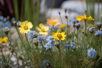 close-up of drought-tolerant blooms in blue and yellow, created with generative ai