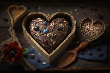 Obraz na płótnie Canvas heart-shaped brownie in a rustic wooden box filled with chocolate chips and nuts, created with generative ai