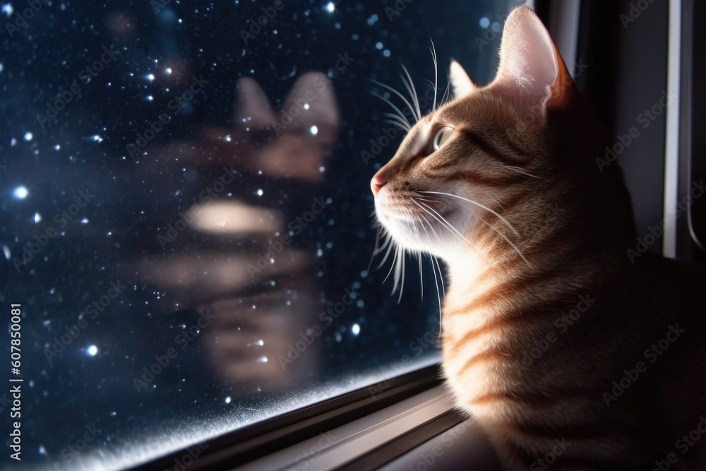 Wall mural feline looking out window of spaceship, with view of the stars and planets in the background, create