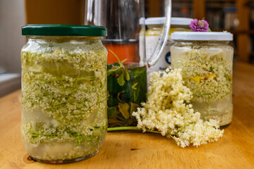 Preparation of syrup from elder flower in bottles.