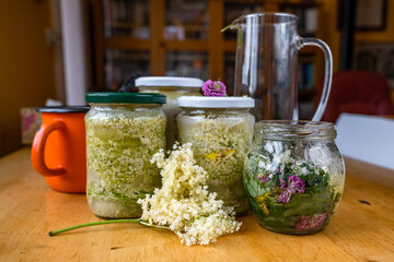 Preapration of sirup and lemonade from elderflowers in bottle and jug.