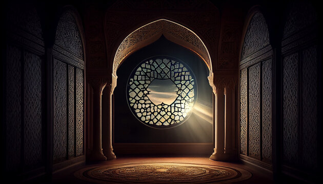 Moon light shine through the window into islamic mosque Ai generated image
