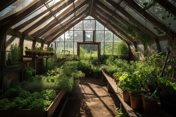 greenhouse with herbs and vegetables growing in the sun, created with generative ai