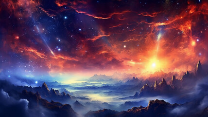 Naklejka premium Breathtaking Landscape With Clouds, Sci-Fi Fantasy Space Background Art, Distant Nebula Star Streaked Sky