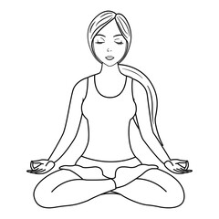Young Woman Doing Yoga Exercise for Coloring Book. Vector Illustration of a Girl Practicing Meditation in the Lotus Position. Healthy lifestyle