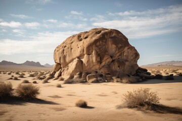 Fototapeta na wymiar giant rock formation in the desert, surrounded by rolling dunes, created with generative ai