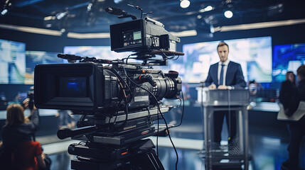 Professional TV Camera Standing in Live News Professional TV Camera Standing in Live News - obrazy, fototapety, plakaty