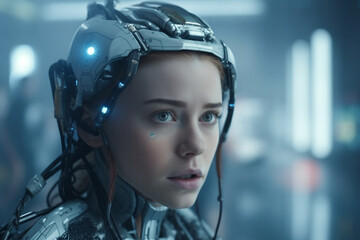 A close up of humanoid cyber girl with a neural network thinks. Robot woman or humanoid cyber girl. Artificial intelligence with a digital brain is learning to process big data