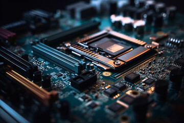 Insight into technology, inside of computer, computer chip, Motherboard, electronic | Ai generated