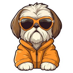 Cute and funny cartoon Shih Tzu dog, cool animals in kawaii style wearing sunglasses