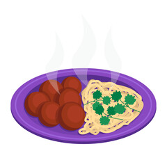 Meatballs with pasta (noodles) and garnished with cilantro. Vector graphic.