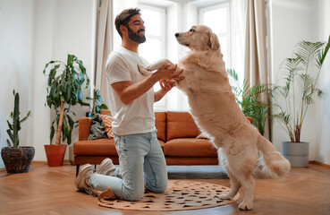 Couple with dog at home