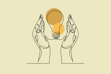 Continuous single one line drawing art of open palm hand holding idea bulb vector illustration