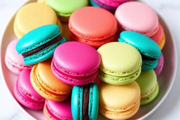 Fototapeta na wymiar A large plate of colorful macaroons with a variety of flavors. Generative AI