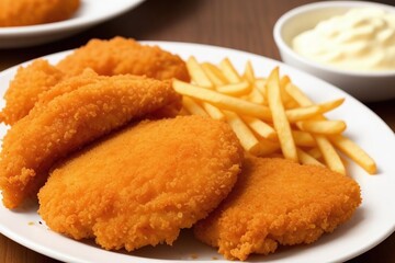 chicken nuggets with fries and cheese sauce. Generative AI