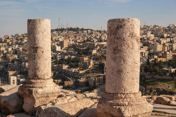 Citadel of Amman. View of city from height of hill on which citadel is located. Ancient Philadelphia or Amman Capital of Jordan.  City on hills. Amman, Jordan, December 2, 2009