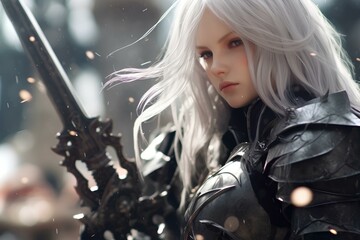 Fototapeta na wymiar a lady knight in black armor with long white hair, fantasy digital art style. generative AI
