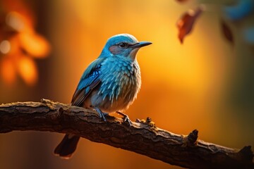 close up view on a little blue bird in an autumn forest, ai tools generated image