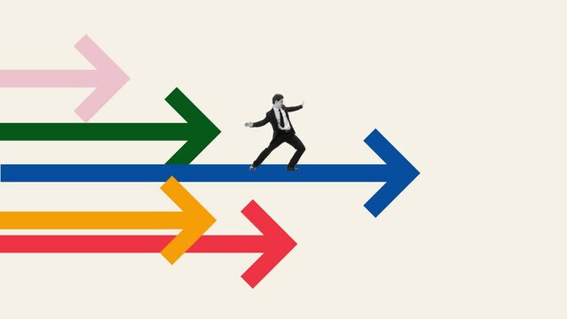 Ambitious and motivated young man, employee balancing on arrows, reaching professional success. Stop motion, animation. Contemporary art. Concept of office, business, career, winner. Banner