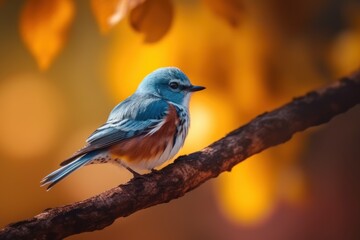 Obraz premium close up view on a little blue bird in an autumn forest, ai tools generated image