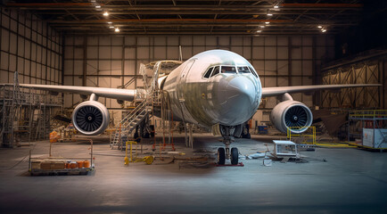 airplane in the hangar, revision of components generativa IA