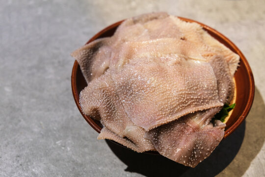 close up beef tripe raw food in plate. Food ingredient