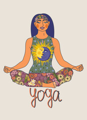 Yoga. Young woman sitting in lotus pose. Vector illustration with lettering.