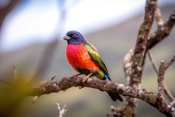 Obraz premium colorful bird perched on tree branch, with view of natural landscape, created with generative ai