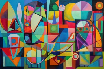 cubist painting with vibrant colors, geometric shapes, and whimsical details, created with generative ai