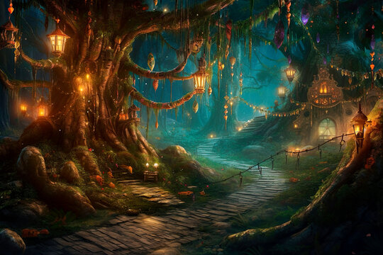 fairy-tale forest decorated garland of Christmas style, ai generated