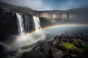 Fototapeta premium dramatic cascading waterfall, with mist and rainbows in the background, created with generative ai