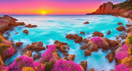 Beautiful spring scenery. Colorful morning scene of Sardinia, Italy, Europe. Fantastic sunrise on Del Sinis peninsula. Picturesque seascape of Mediterranean sea, generative ai - obrazy, fototapety, plakaty