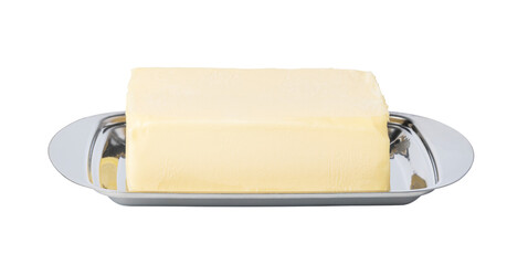 Fototapeta na wymiar Butter on silver butter dish on transparent background. png file