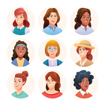 Set of woman avatar characters. Female avatars in cartoon style