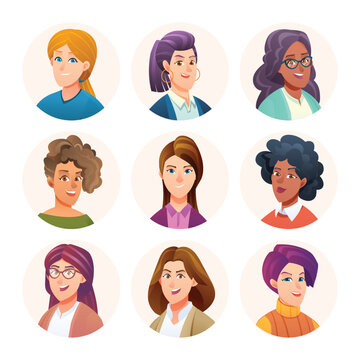 Collection of woman avatar characters. Female avatars in cartoon style