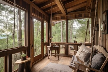 cozy cabin retreat with porch swing and view of the forest, created with generative ai