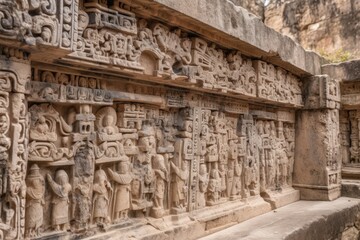 close-up of intricate carvings on ancient stone ruins, created with generative ai