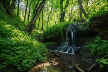 Obraz premium peaceful forest with cascading waterfall and clear blue sky above, created with generative ai