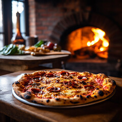 Tasty Italian pizza with wood-fired oven on the background with open flames. Generative AI.