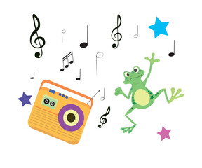 A frog dancing to music played from an old tape recorder. Vector illustration.