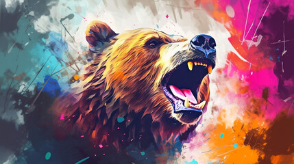 Angry grizzly bear face illustration vector in abstract mixed grunge colors digital painting in minimal graphic art style. Scary wild animal in pop art image. Digital illustration generative AI. © Tepsarit