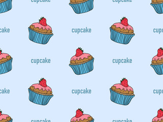 Cupcake cartoon character seamless pattern on blue background